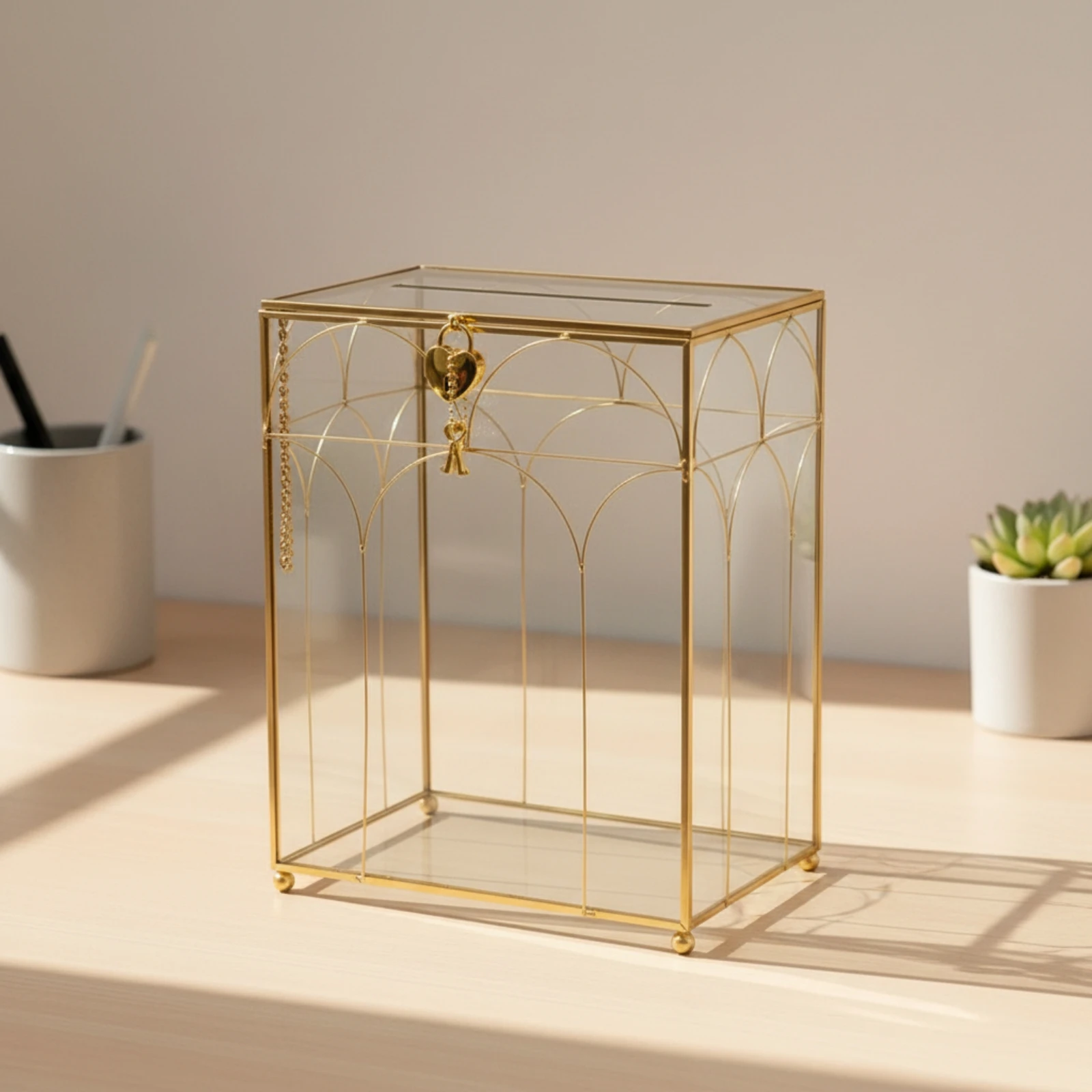 Freestanding Glass Card Display Box Delicate Tabletop Glass Display Box with Arched Metal Detailing Transparent
