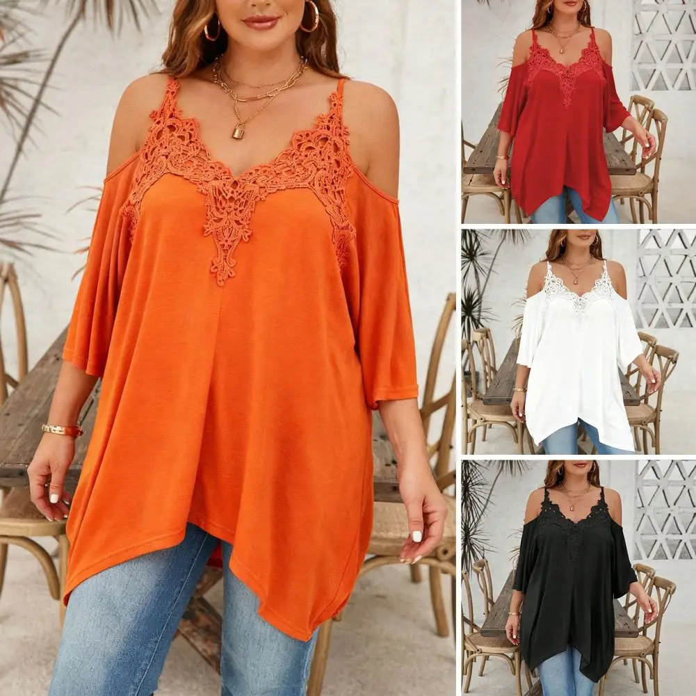 

Women Summer Blouse V-Neck 3/4 Sleeve Off Shoulder Strap Top Asymmetric Lace Splicing Mid-Length Pullover Tops Casual Streetwear