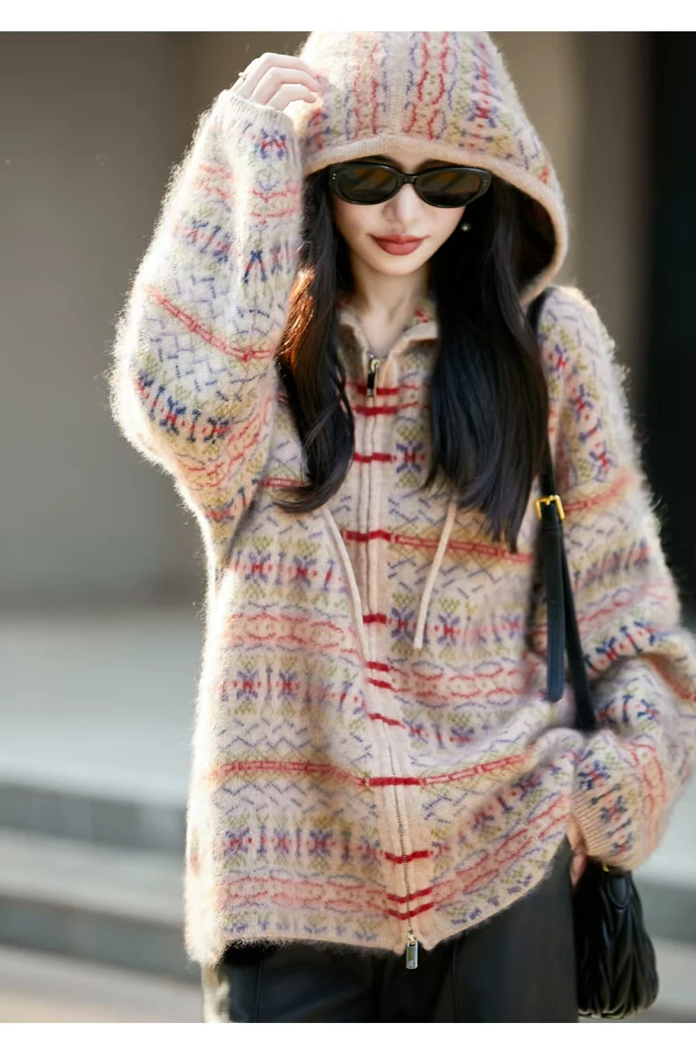 Plucking technology Silk cashmere wool zipper hoodie fashion casual hoodie sweater
