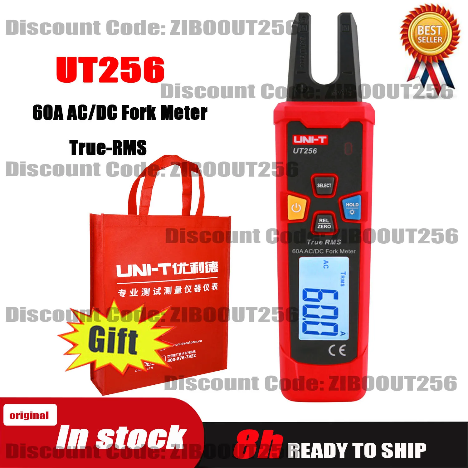 UNI-T UT256 60A AC/DC Fork Meter/True RMS Auto-Range Digital Clamp Ammeter/Electrical Universal Meter Multimeter.