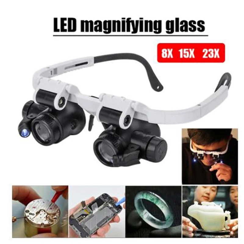 New-Headband Glasses Magnifier With LED Light 8X 15X 23X Watchmaker Jeweler Loupe