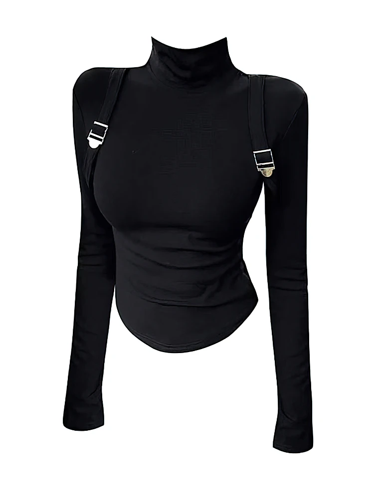 2000S Vintage Fleece Turtleneck Long Sleeve T-shirt Women With Suspender Y2k Basic Tops Autumn Winter Fashion Cropped Tees Shirt