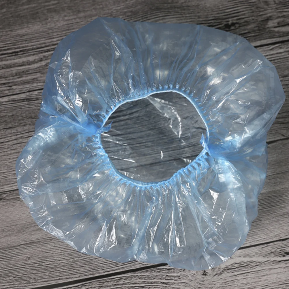 100 قطعة قبعات الاستحمام القابل للتصرف الأزرق 19 سنتيمتر مقاوم للماء مادة البولي ايثيلين لمختبر المستشفى استخدام قبعات الدش لمرة واحدة النساء الشعر المرن