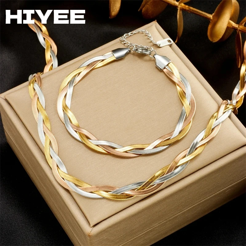 HIYEE 316L Acero inoxidable 3 en 1 Crossover serpiente Chais collar pulseras para mujer chica nuevo regalo de moda conjunto de joyería impermeable