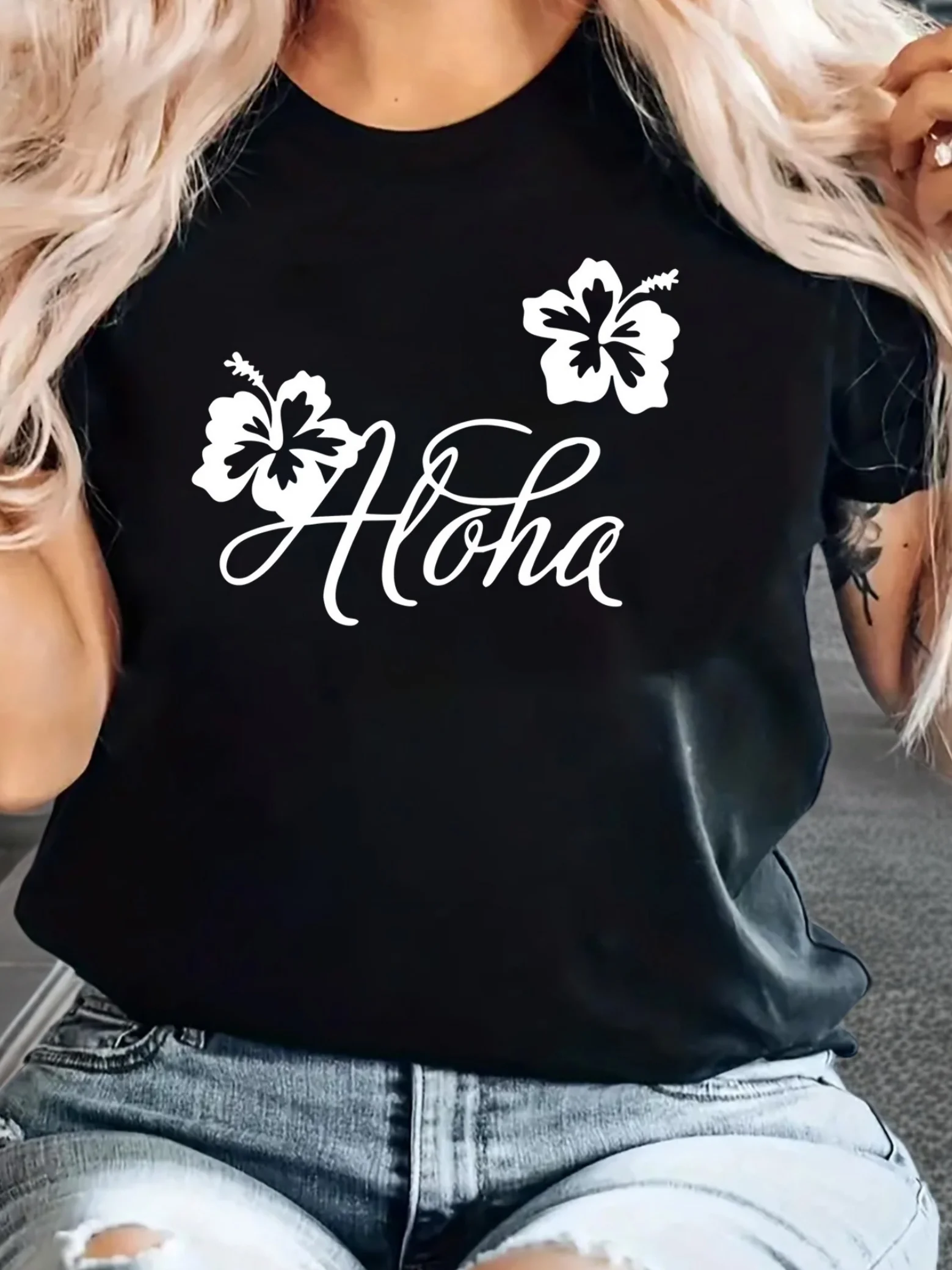 

Женская футболка Aloha с цветочным принтом — повседневный топ с круглым вырезом и короткими рукавами, средней эластичности, смесь спандекса, всесезонный