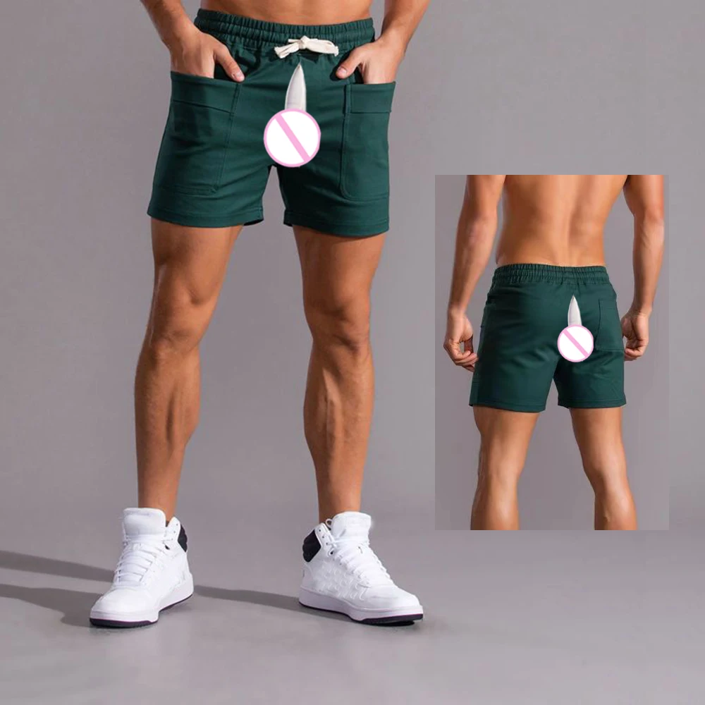 

Невидимые открытые промежности, летние спортивные штаны для бега на шнурке, мужские шорты, модные карманные брюки-карго для фитнеса, эротические