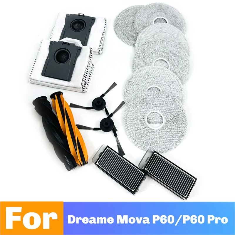 A94E-For Dreame Mova P60/P60 Pro طقم تنظيف آلة الكنس فرشاة دوارة مزدوجة/فرشاة جانبية/فلتر/كيس غبار/خرقة ممسحة