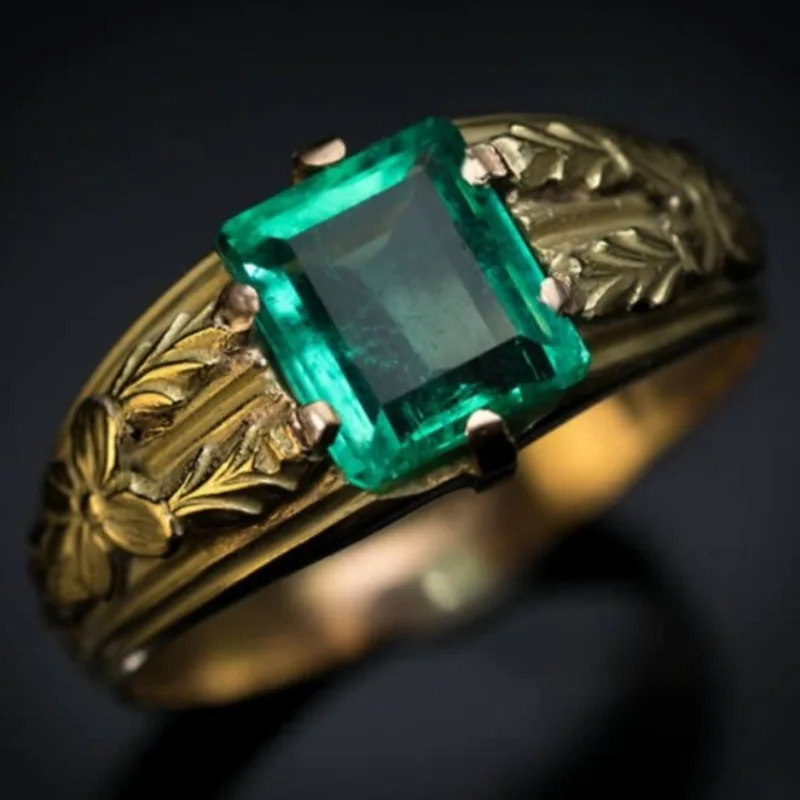 Vintage Inlaid Green CZ Branch Women's Ring Trendy Golden Color Hand Carving Daily Wear Party Jewelry Anniversary Gift