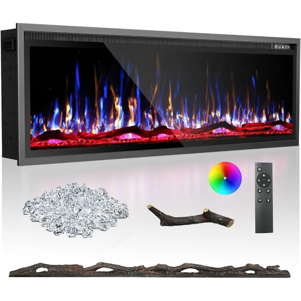 

60 Inch Electric Fireplace-Recessed & Wall Mounted Linear Fireplace-750/1500W Heater w/Temperature Control, Log & Crystal