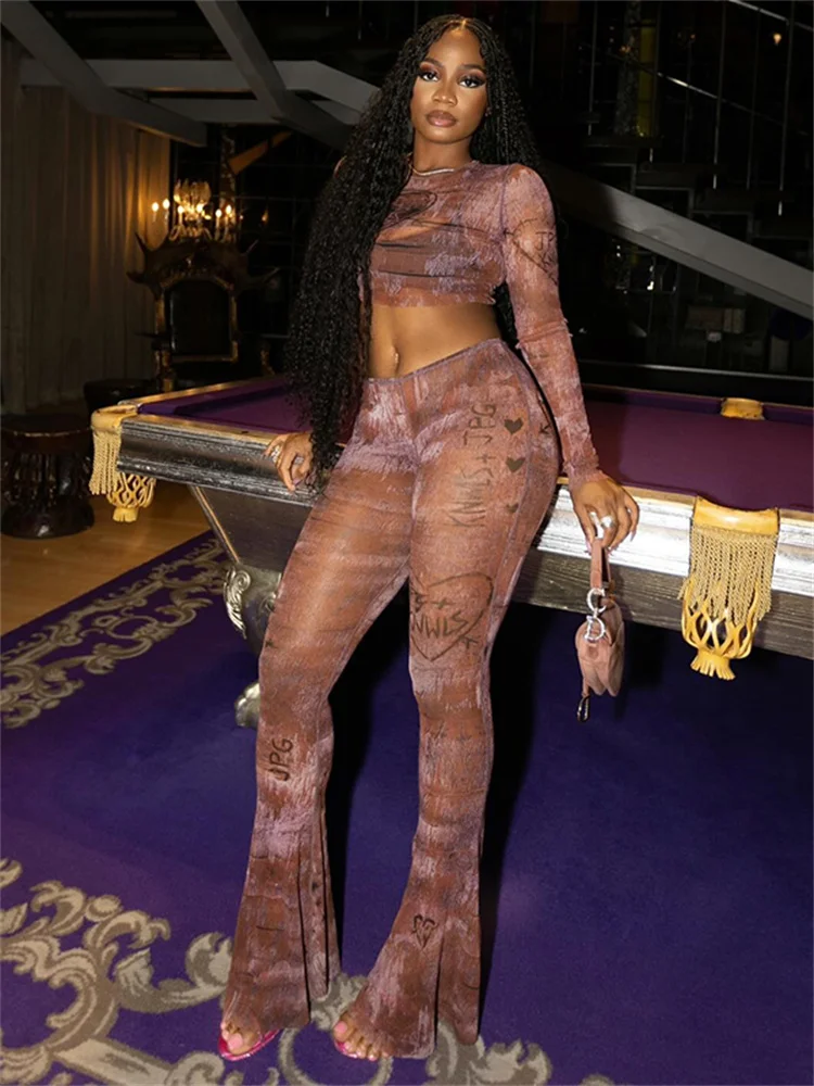 Strano gatto moda stampa sexy vedere attraverso set da 2 pezzi donna o-collo manica intera crop top + pantaloni svasati dritti hottie streetwear