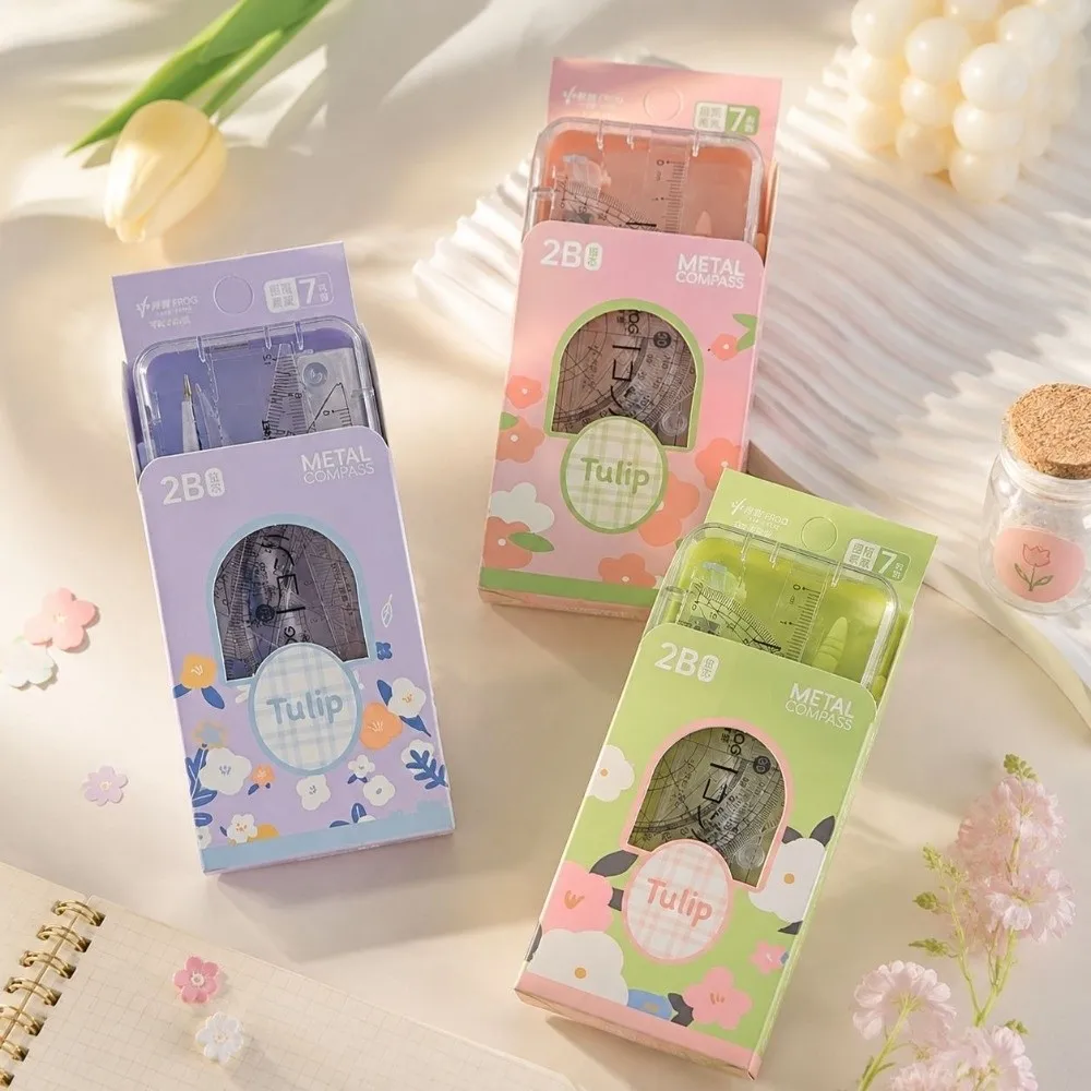 2/7pcs Kawaii Tulip Student Compass Set Clear Scale Measuring Rulers Portable Math Drawing Tool Geometry Ruler Kit Students