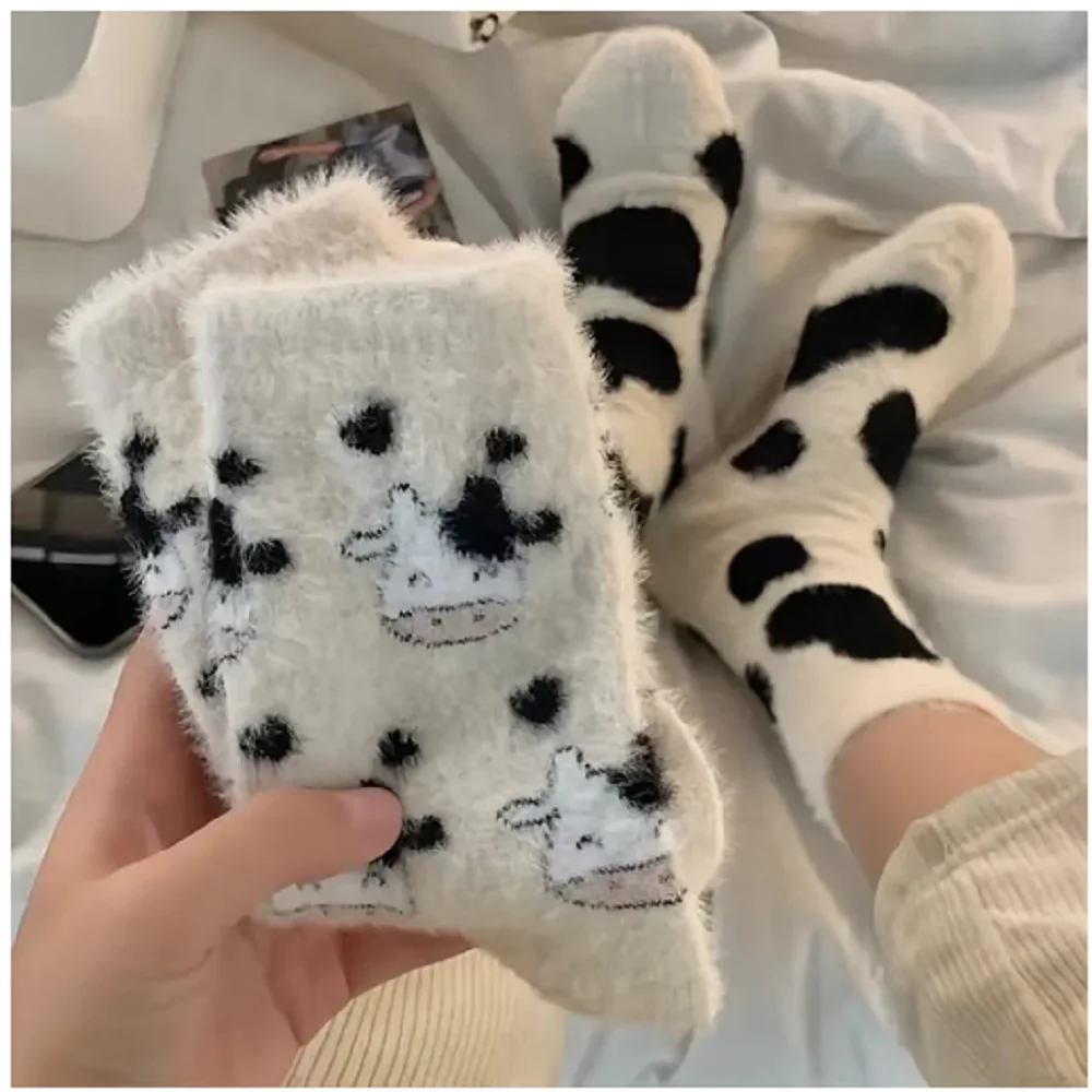 2/3/10 Pairs Women's Plush Mid Length Socks Dairy Cattle Thickening Mink Wool Sweet Soft Warm Stay At Home Women's Floor Socks