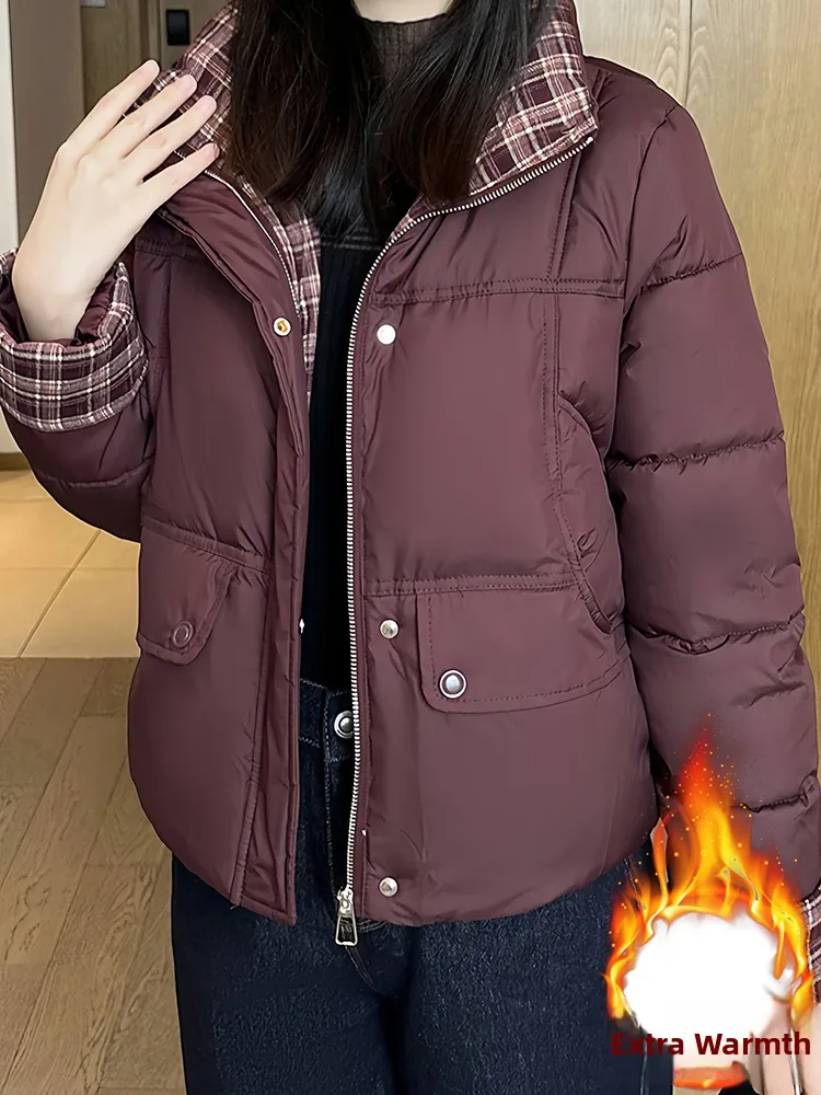 Women's Plaid Splicing Thiened Fce Lined ort Cotton Jaet Winter Warm Sli Commute Korean Sle Loose Fit Coat