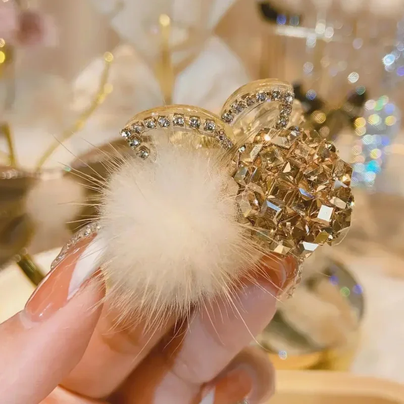 Korean New Gold Mink Hair Ball Grab Clips ball Square Full Diamond Top Clip Horsetail Drill Accessories for Women