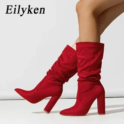 Eilyken Autumn Winter Pleated Ankle Boots Women Pointed Toe Square High Heels Shoes Fashion Modern Short Botas Para Mujer