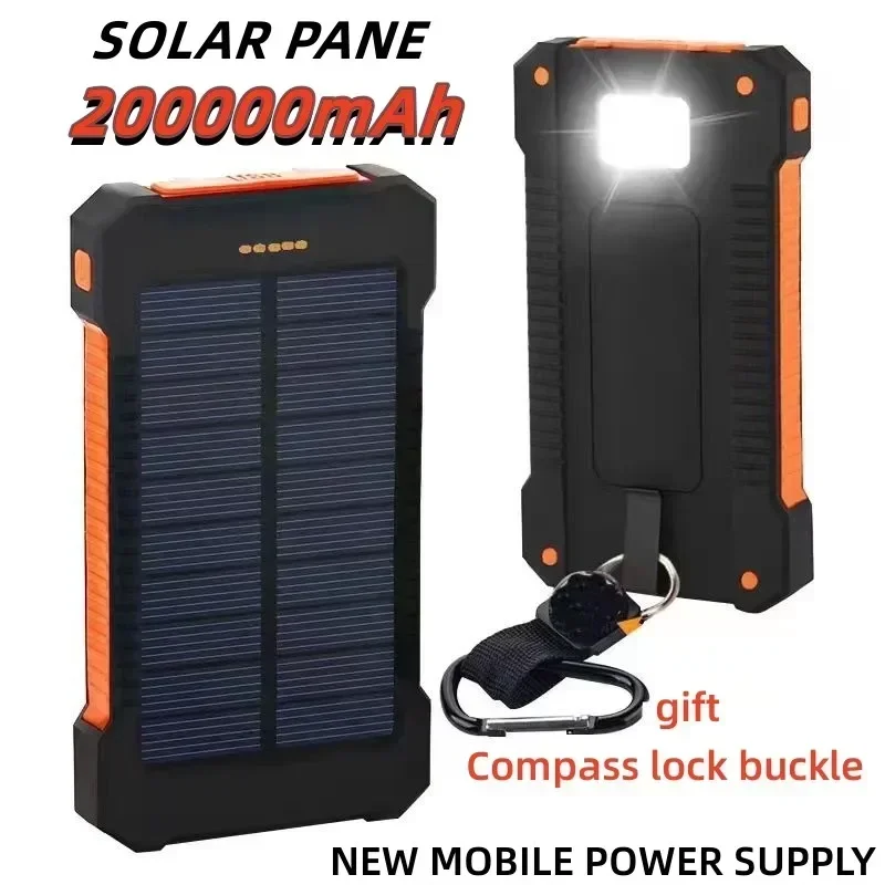 Banco de energía solar portátil para exteriores, cargador externo USB impermeable de 200Ah, adecuado para iPhone, teléfono inteligente, Banco de energía con brújula LED