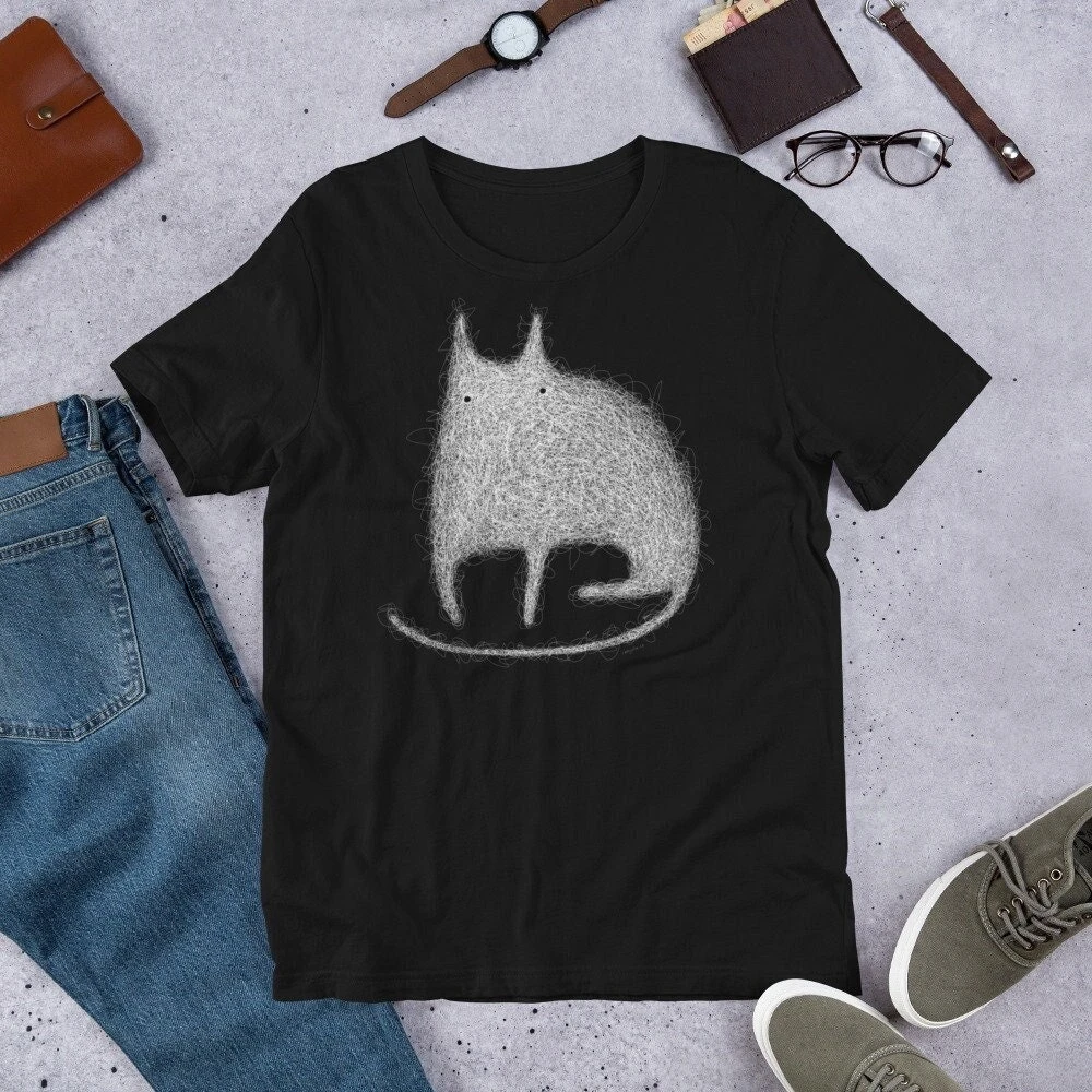 STRAIGHT CUT T-SHIRT White Cat Shirt Folk Art Print Birthday Housewarming Gifts Plants Outsider Art Weird Stuff Quirky
