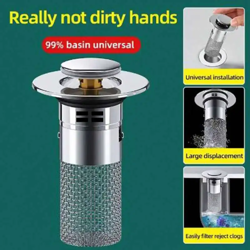 1PCS Washbasin Leak Plug Stainless Steel Odor Proof Bouncing Core Press Type Sink Drain Universal Accessory for Washroom Kitchen