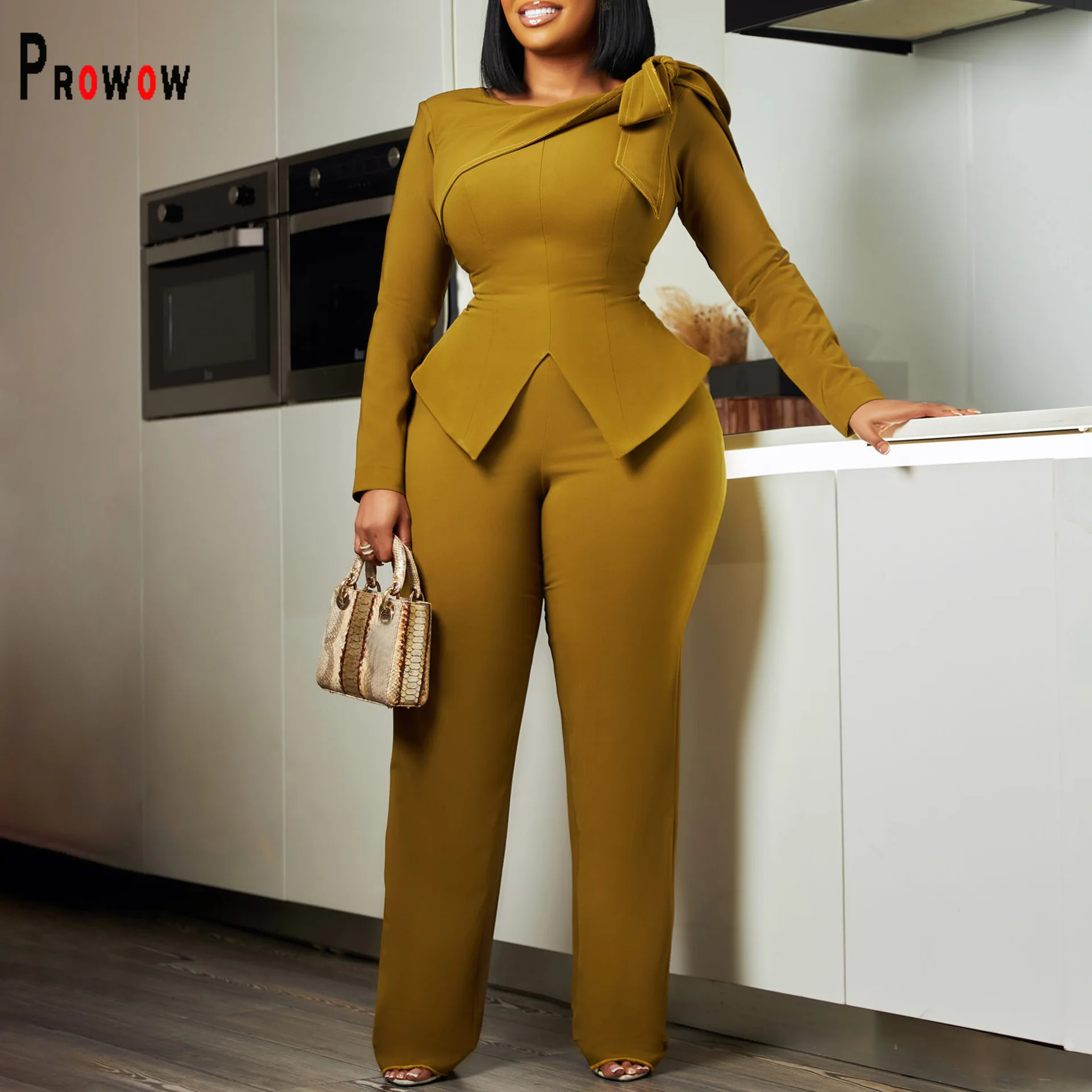 

Prowow Fashion 2 Piece Women's Suits Bow Skinny Tops High Waist Pant Solid Color Office Lady Outfits Slim Fit Long Sleeve Outfit