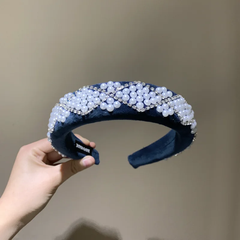 French Elegant Pearl Diamond Hairband Hair Hoop for Women Banquets Party Dark Blue Velvet Headband Headwear Hair Accessories