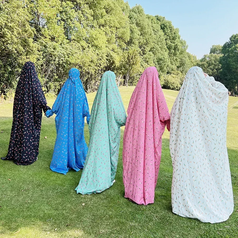 Ramadan Floral Print Hoody Abaya Muslim Prayer Dress Long Khimar Hijab Full Cover Abayas for Women Dubai Islam Kaftan Robe Niqab