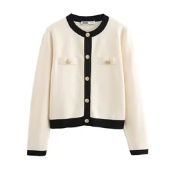 Knit cardigan with gold button ETJ 2025 Autumn/Winter new fashion color matching short crew-neck women's knitted cardigan