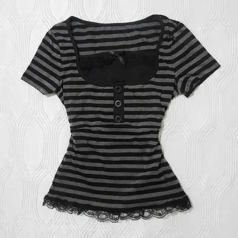 Gothic Harajuku Y2K Women's Crop Top Casual Slim Fit Striped Lace Bow Button Design Short Sleeve T-Shirt Chic Trendy Streetwear