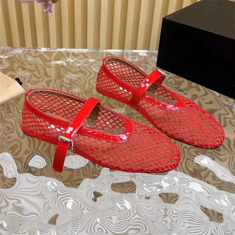 Summer Mesh Women's Ballet Mary Jane Shoes Fashionable Buckle Walking Shoes Round Toe Flats Sandals Ladies Loafers Shoes 2024