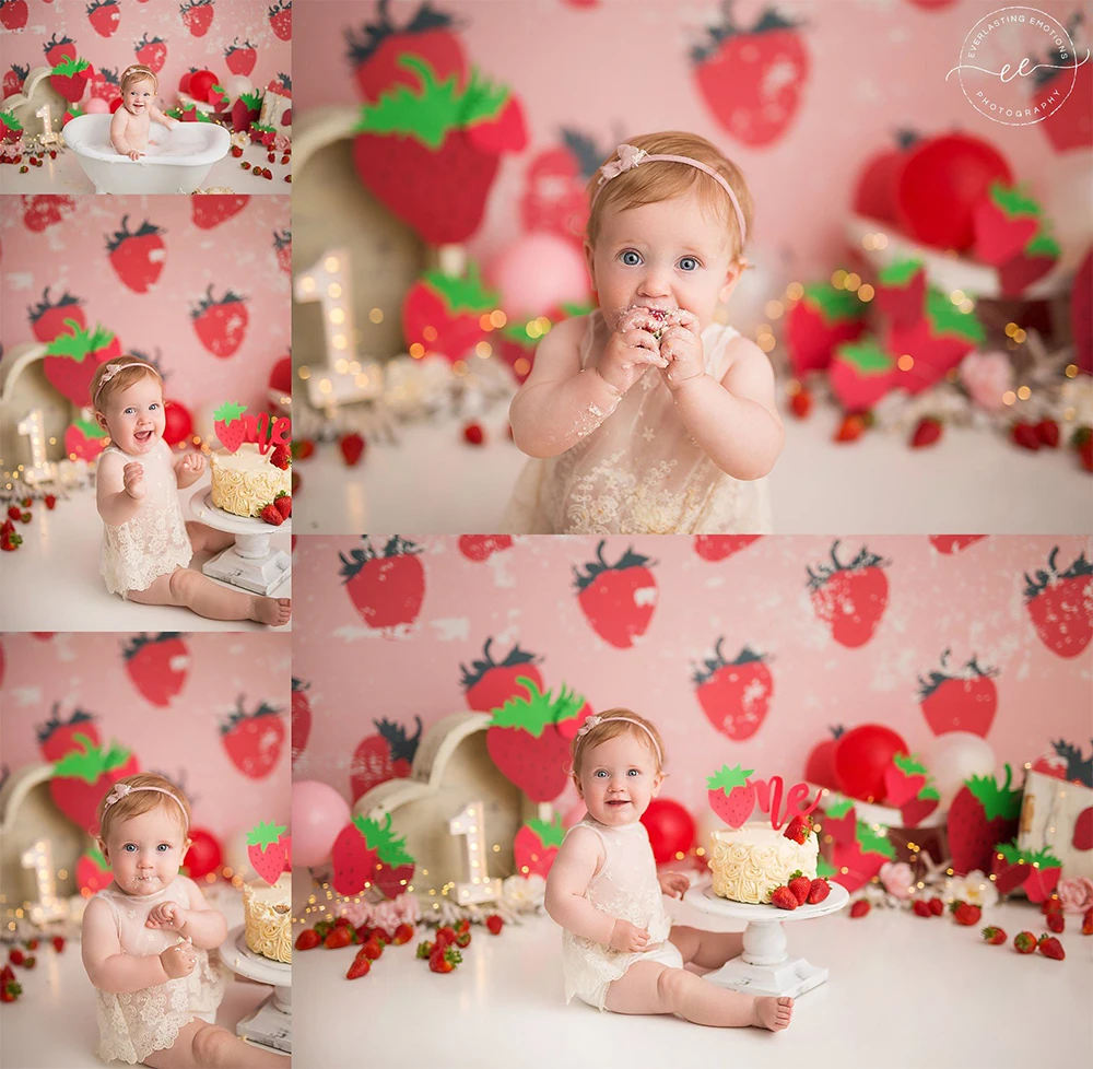 Sweet Summer Strawberrie Photo Background for Children Birthday Cake Smash Photography Backdrop Kids Portrait Photo Studio Props