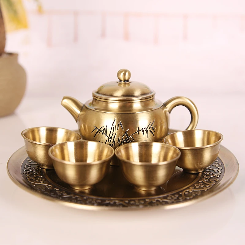 Retro Tea Set Tea Pot Bamboo Imitation Bronze Kung Fu Tea with Tray