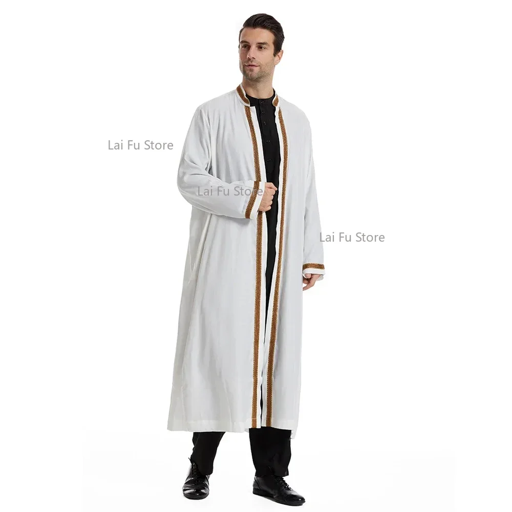 عباية مفتوحة للرجال مسلم سعودي جوبا ملابس إسلامية رمضان كيمونو كم طويل رداء قفطان دبي فستان عربي بياقة واقفة