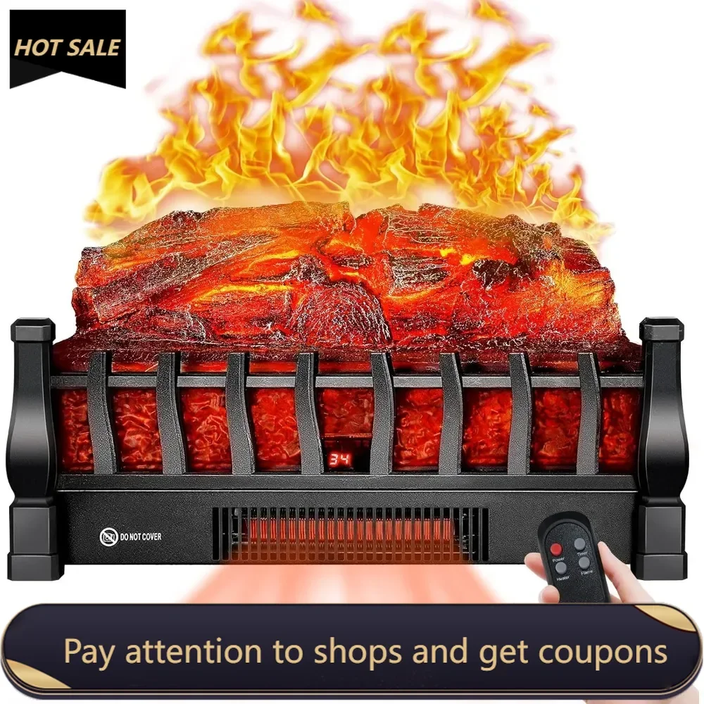 Electric Fireplace Logs Inserts Heater with Infrared Remote Controller 5 Flame Brightness 24 H Timer Overheating Protection