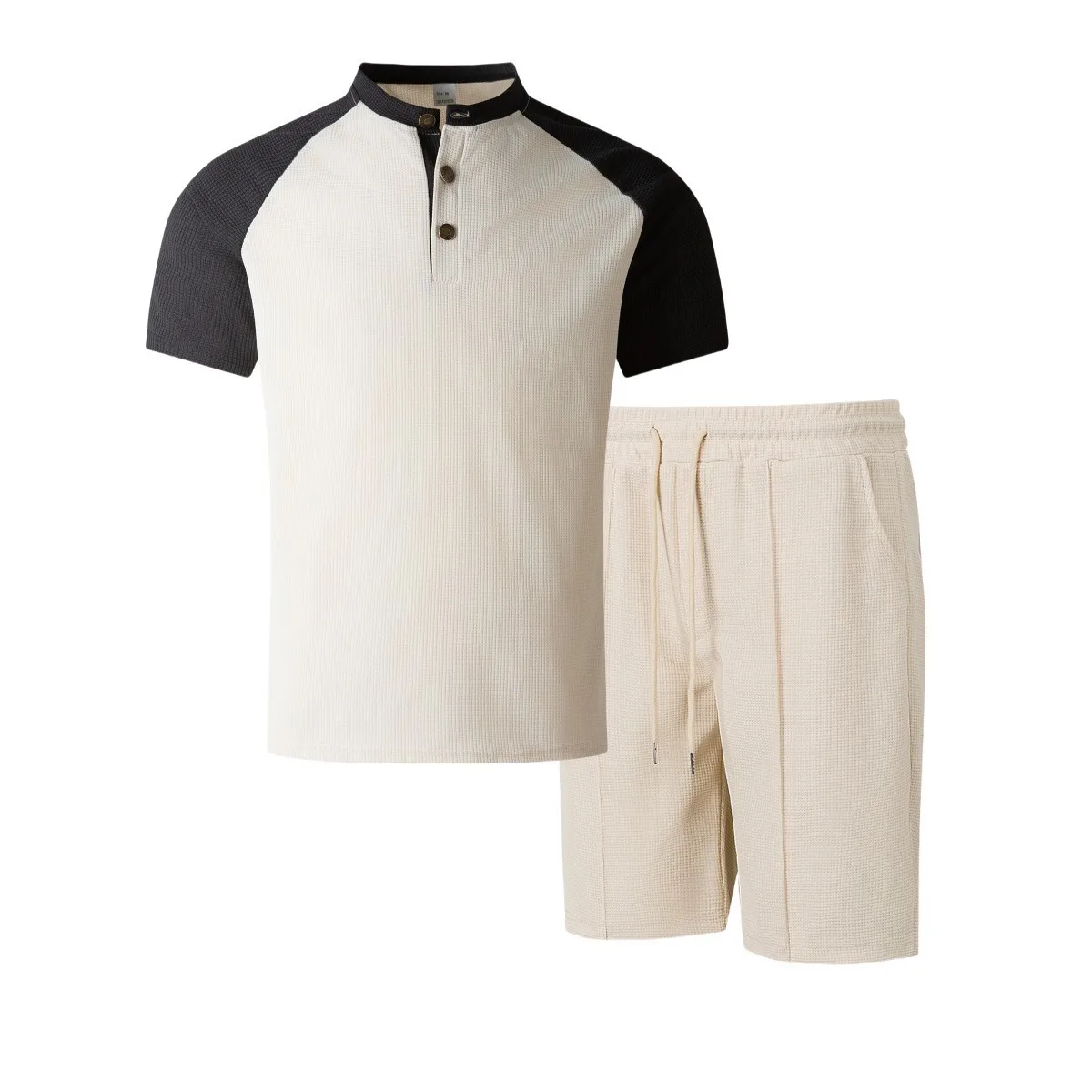 2025 summer new men's waffle lattice thin round neck with shoulder short sleeve top drawstring shorts two sets