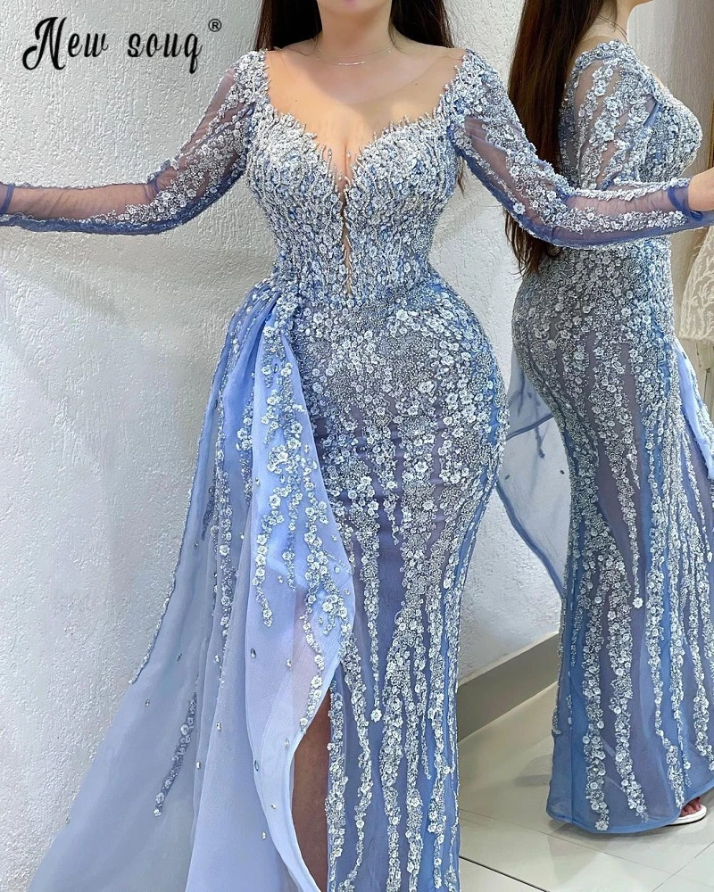 

Elegant Blue Deep V Neck Long Sleeve Evening Dress Beading Vestidos De Noche Luxury Celebrity Gown Dubai Special Occasion Dress