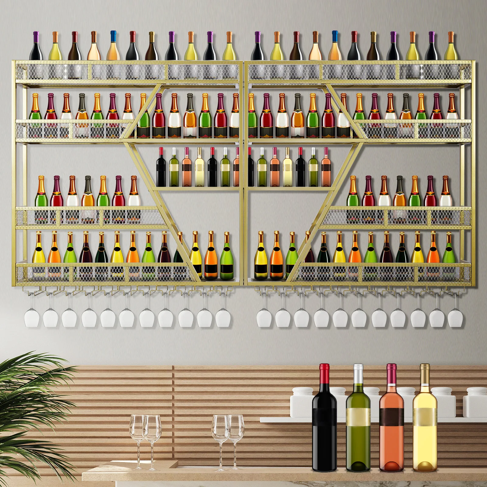 

Metal Wine Bottles Storage Display Storage Shelf with Glass Holder Liquor Bottles Floating Shelves for Home Dining Room Kitchen