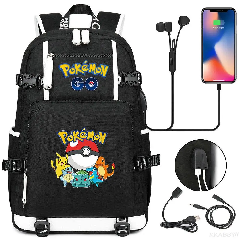 Pokemon Pikachu Backpack USB Laptop Backpack Women Men SchoolBags Canvas Waterproof Rucksack College Daypack Mochilas