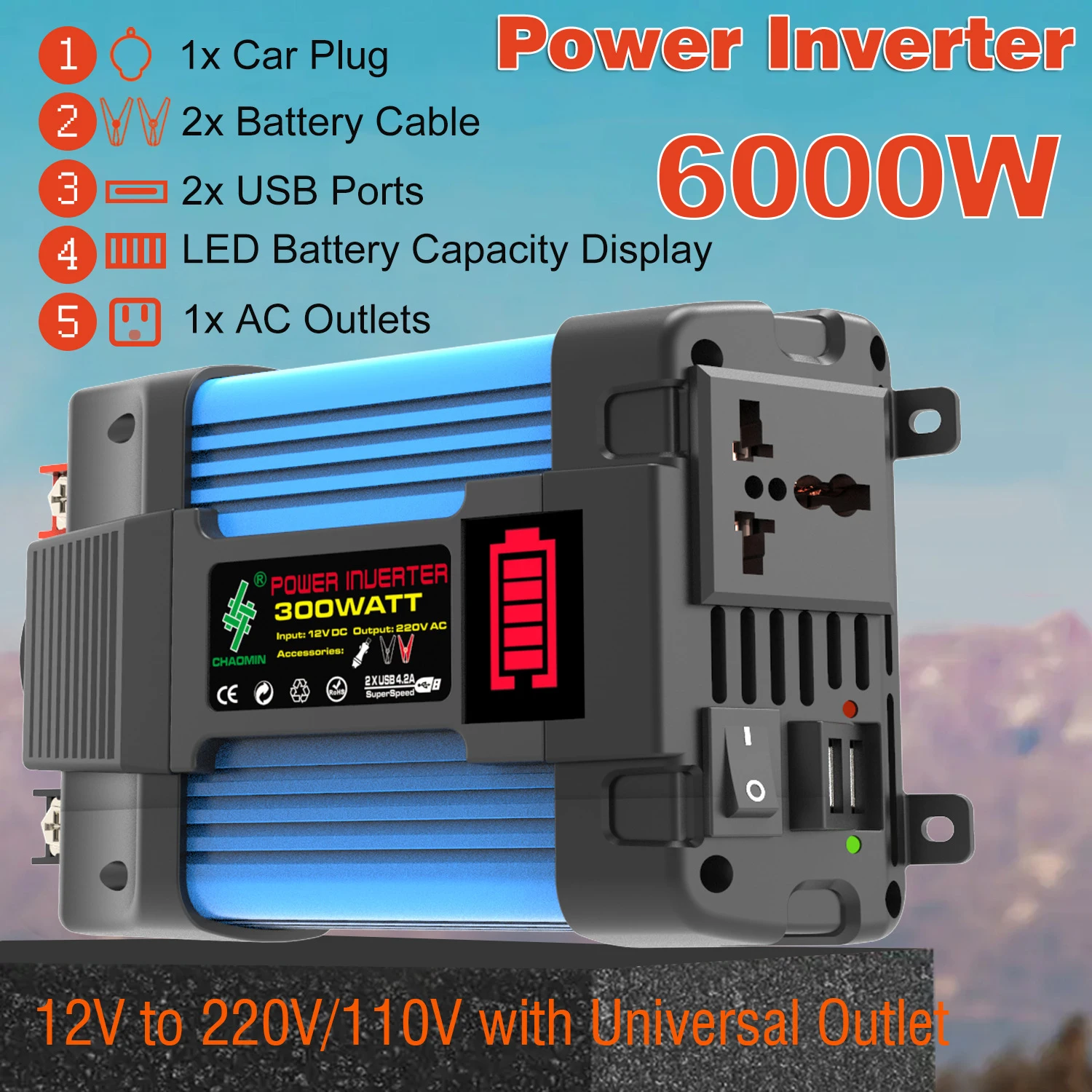 6000W Peak Car Inverter Dual USB 12V to 220V 110V Transformer Converter with LED Voltage Display for Car Appliances