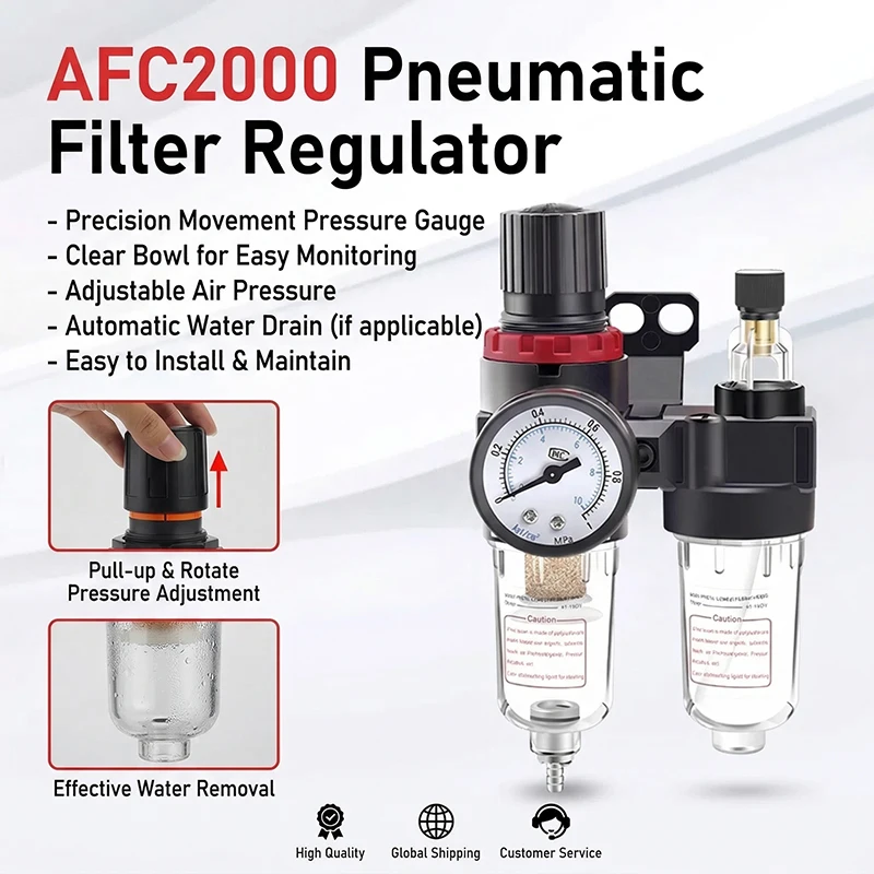 

Воздушный фильтр-сепаратор масла и воды AFC2000 AFR2000 + AL2000 G1/4 для компрессора используется для снижения давления с помощью регулятора давления.