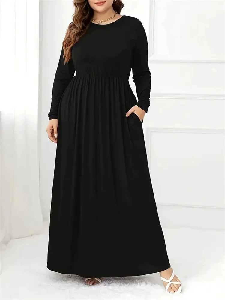Large size solid-color dress - Cross-border European and American foreign trade independent website casual fitted long-sleeved r