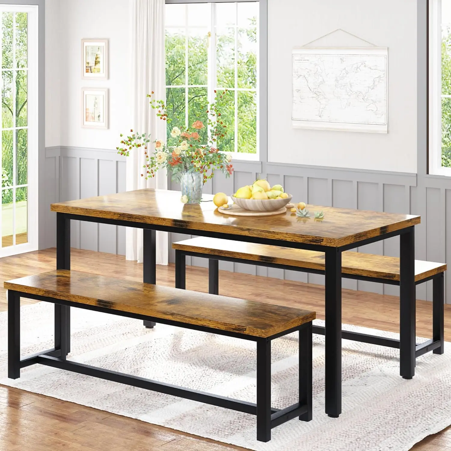 47” Dining Table Set with Benches, 3 Pieces Dining Room Table Set for 4, Wood Kitchen Table and Chair Set with Sturdy Frame,