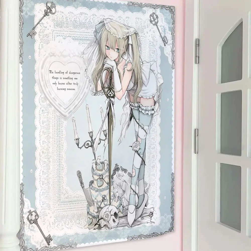 Original Anime Girl Print Tapestry, No‑Drill Wall Hanging Background Cloth, Photo Booth Backdrop for Bedroom Interior Room Decor