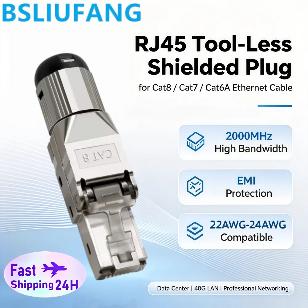 BSLIUFANG RJ45 Cat8 Cat7 Cat6A Connector Shielded Toolless Modular Termination Plug 2000MHz 40G LAN Cable for 22AWG-24AWG