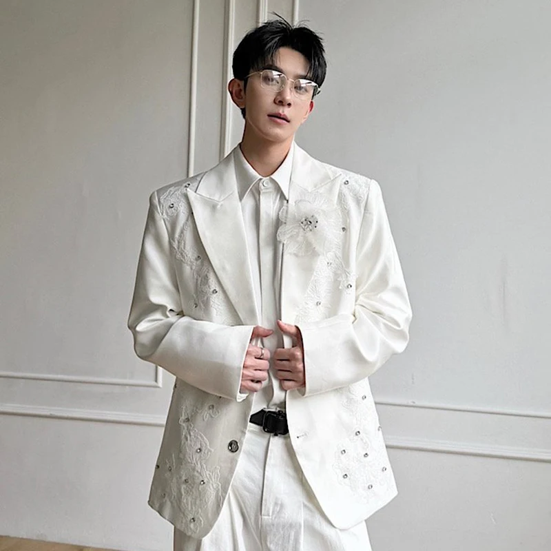 WTHT Fashion Men's Spliced Lace Diamond 3D Flower Design Blazer Coats Trendy 2026 Summer Turn Down Collar Jackets Male 2A3097