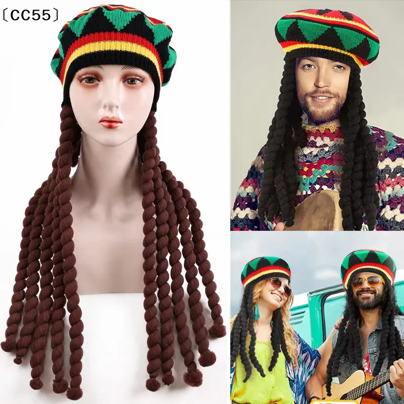 Reggae Hat With Dreadlocks Comfortable Braid Hat Wig Ethnic Style Reggae Beret Woolen Knitting Hat For Costume〔CC55〕