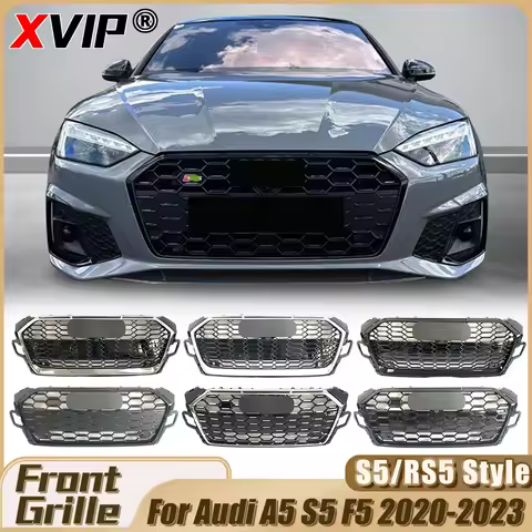 XVIP Glossy Black S5 Style Upper Grille For Audi A5 S5 F5 2020-2023 Front Silver Frame RS5 Style Bumper Grille With Chrome Ring