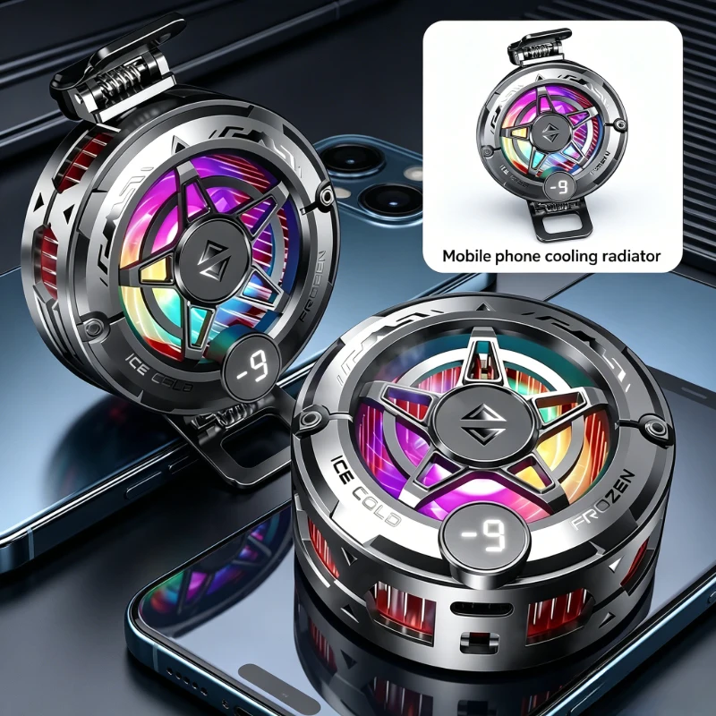 

New Semiconductor Phone Cooler, Dual Turbine Digital Display Magnetic Back Clip Cell Phone Cooling Fan for Live Streaming Gaming