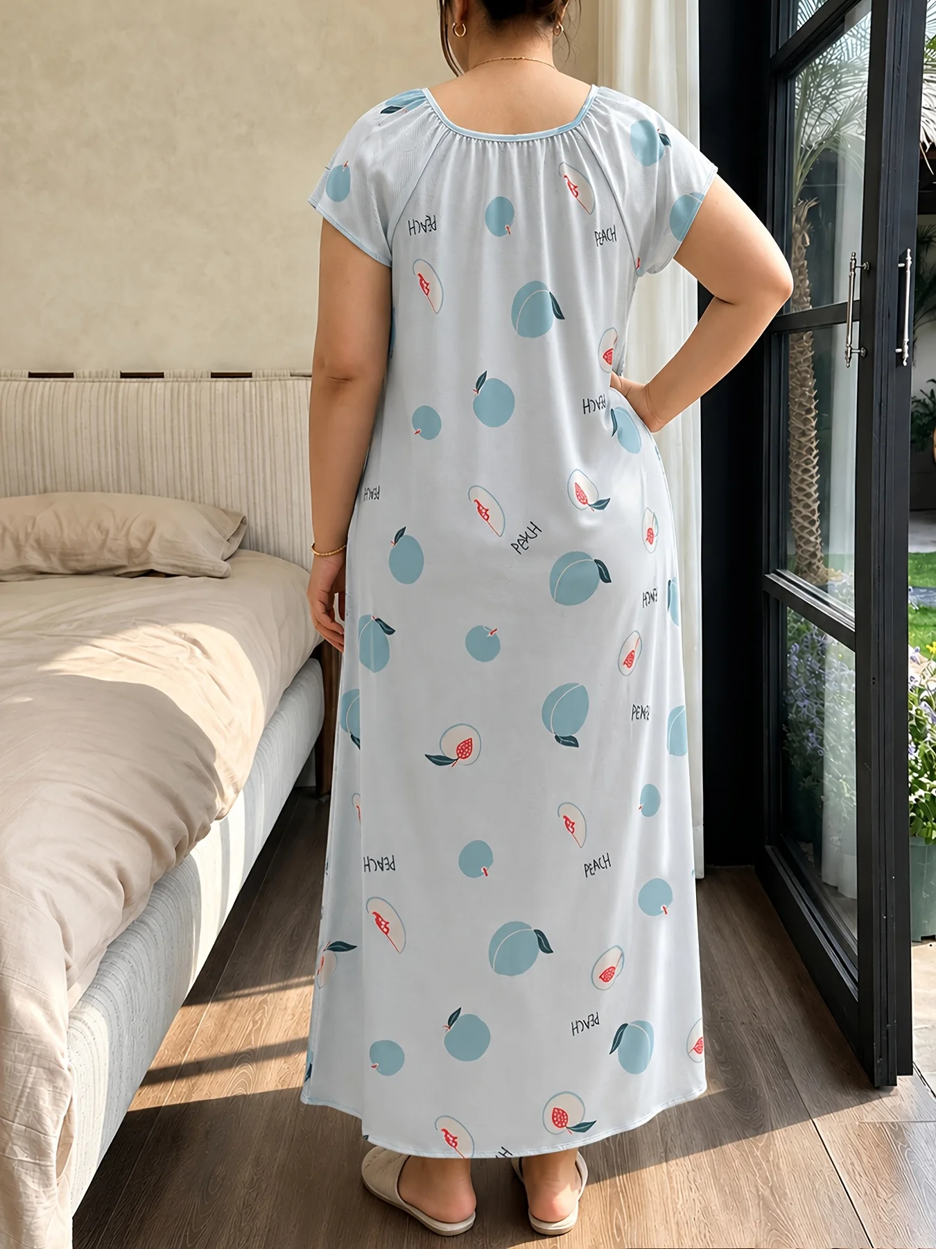 Women Plus Size Blue Fruit Print Nightgown Thin Short Sleeve Square Neck Long Sleep Dress With Drawstring Pajama Dress
