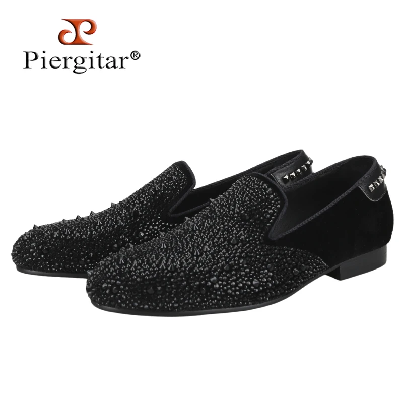Piergitar Black Velvet With Handmade Crystals And Spikes Men's Loafers PP Same Design Slip-On Flats Stylish Purple Satin Lining
