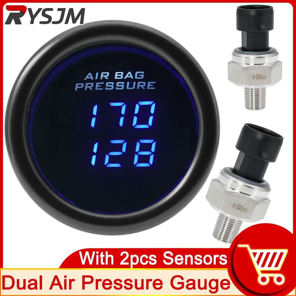 Universal LCD Dual Pressure 52mm Air Pressure Gauge PSI Air Suspension Air Ride With 2pcs 1/8NPT Electrical Sensors Air Press