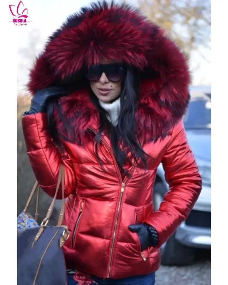 SUSOLA Parka Women Coats Lady Winter Down Clothes Faux Fur Hood Zipper Pocket Warm Parkas Jackets Woman Outdoor Outerwear